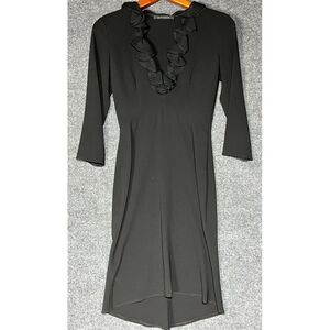 Elie Tahari Midi‎ Dress Ruffle V Neck A Line 3/4 Sleeve Black Womens Size 2